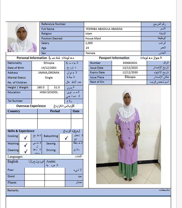 السيرة الذاتية لـ YESIRIBA ABADULA ABAGISA