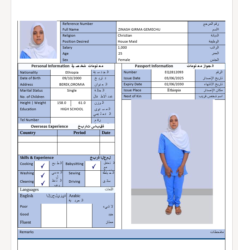 السيرة الذاتية لـ ZINASH GIRMA GEMECHU