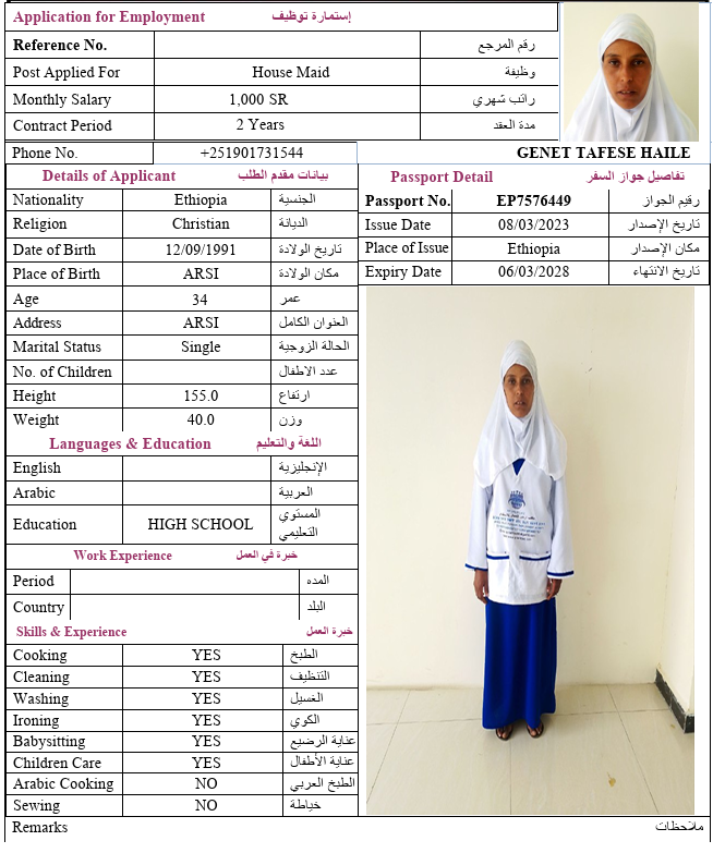 السيرة الذاتية لـ GENET TAFESE HAILE