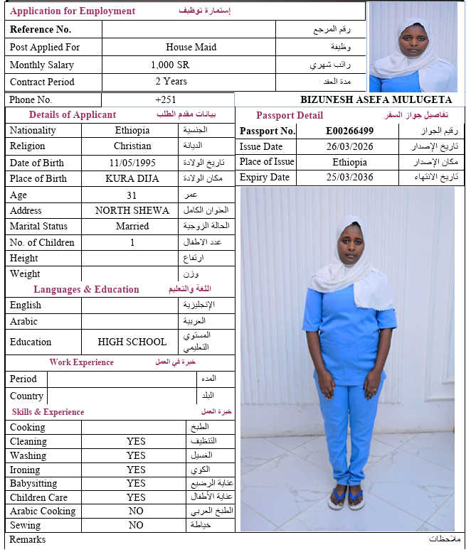 السيرة الذاتية لـ BIZUNESH ASEFA MULUGETA
