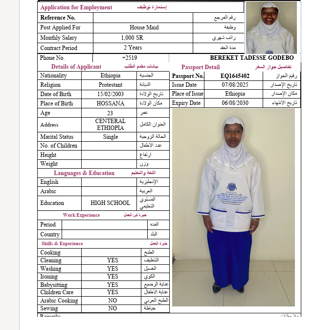 السيرة الذاتية لـ BEREKET TADESSE GODEBO