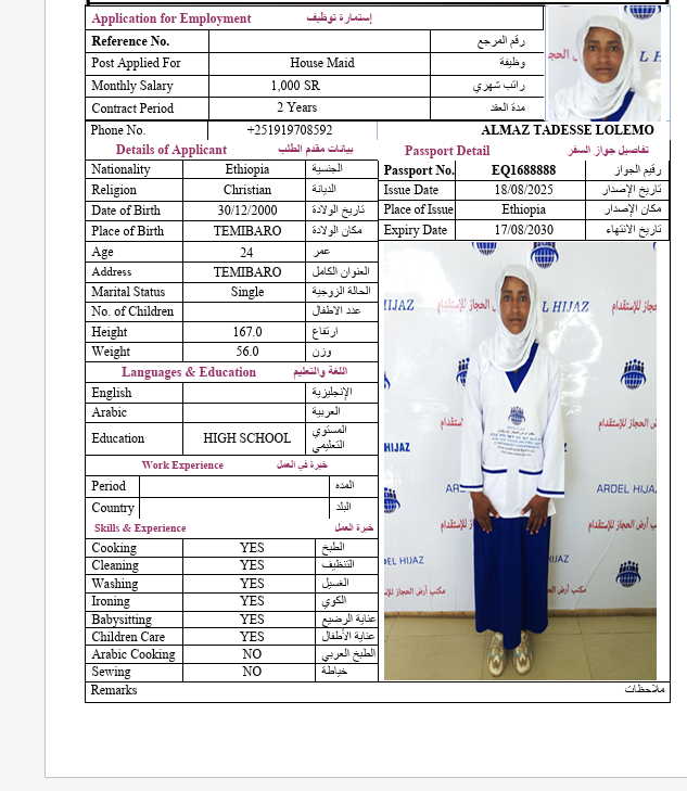 السيرة الذاتية لـ ALMAZ TADESSE LOLEMO