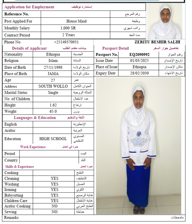 السيرة الذاتية لـ ZERITU BESHIR SALIH