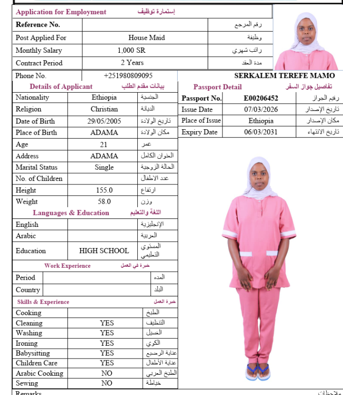 السيرة الذاتية لـ SERKALEM TEREFE MAMO
