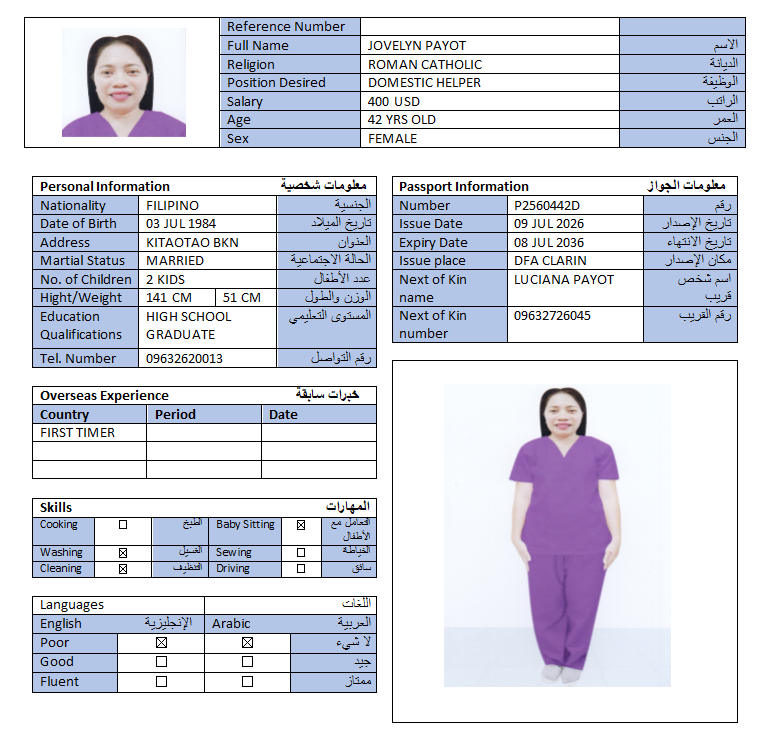 السيرة الذاتية لـ JOVELYN PAYOT