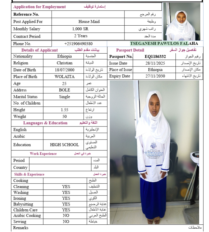 السيرة الذاتية لـ TSEGANESH PAWULOS FALAHA