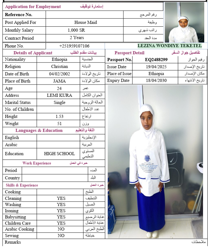 السيرة الذاتية لـ LEZINA WONDIYE TEKETEL