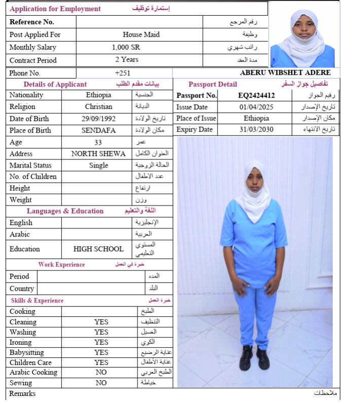 السيرة الذاتية لـ ABERU WIBSHET ADERE