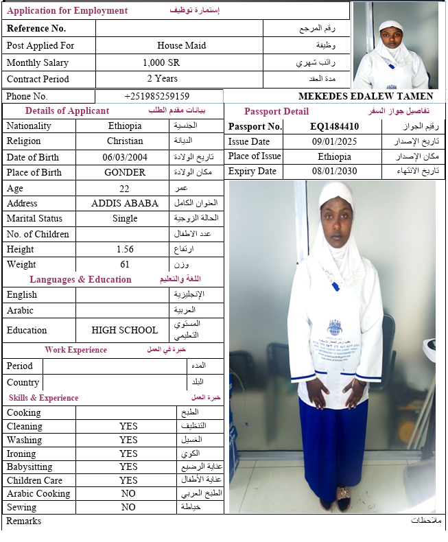 السيرة الذاتية لـ MEKEDES EDALEW TAMEN