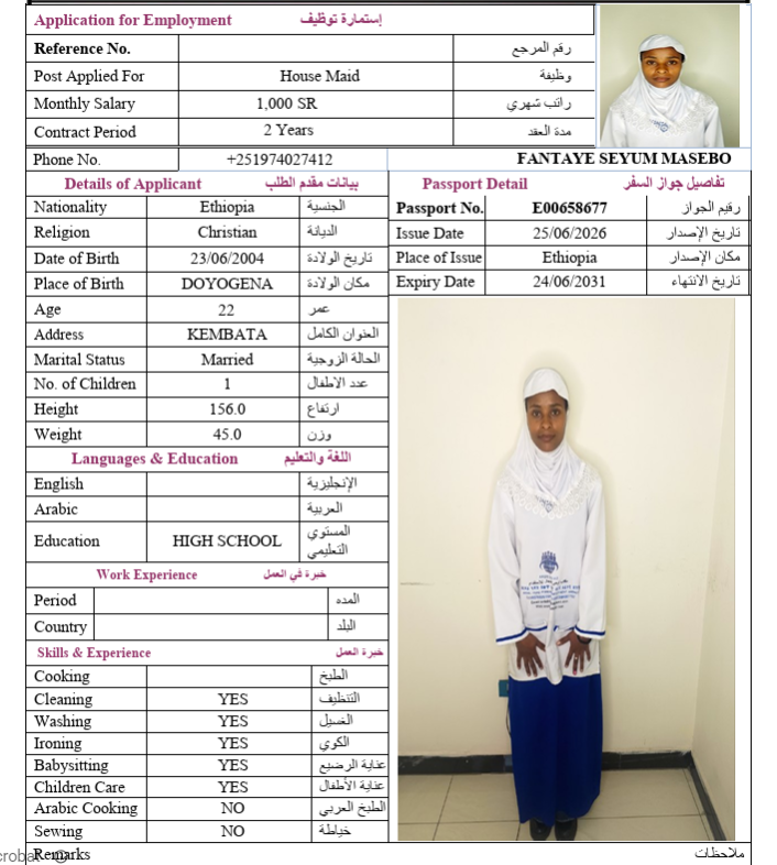 السيرة الذاتية لـ FANTAYE SEYUM MASEBO