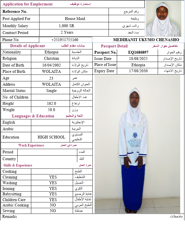 السيرة الذاتية لـ MEDIHANIT UKUMO CHENASHO