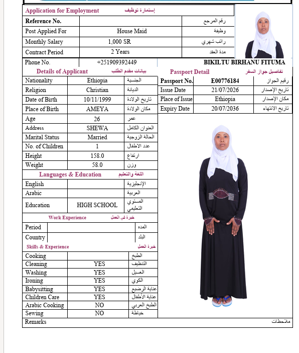 السيرة الذاتية لـ BIKILTU BIRHANU FITUMA