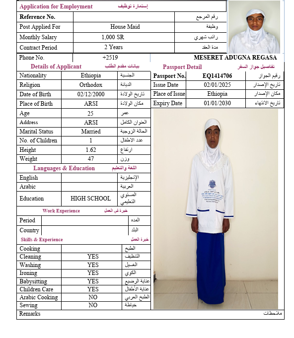السيرة الذاتية لـ MESERET ADUGNA REGASA