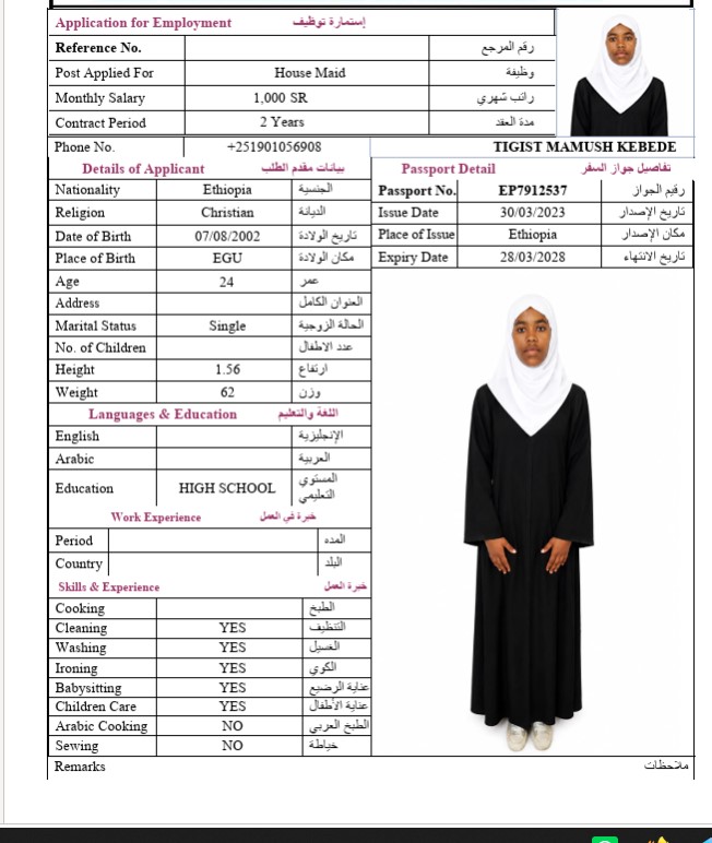 السيرة الذاتية لـ TIGIST MAMUSH KEBEDE