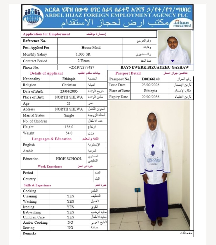 السيرة الذاتية لـ BAYNEWERK BIZUAYEHU GASHAW