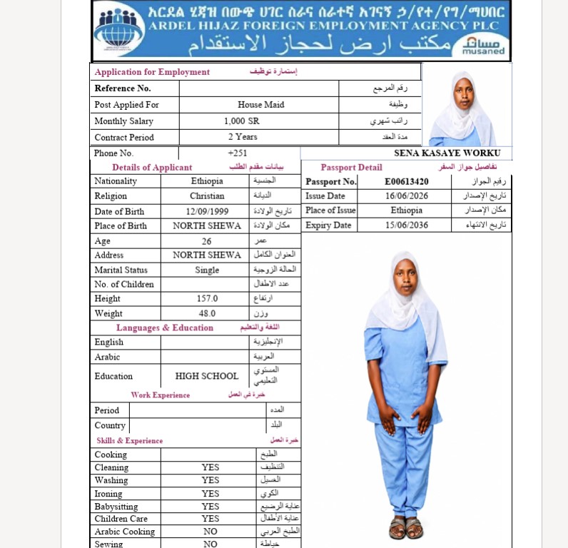 السيرة الذاتية لـ SENA KASAYE WORKU