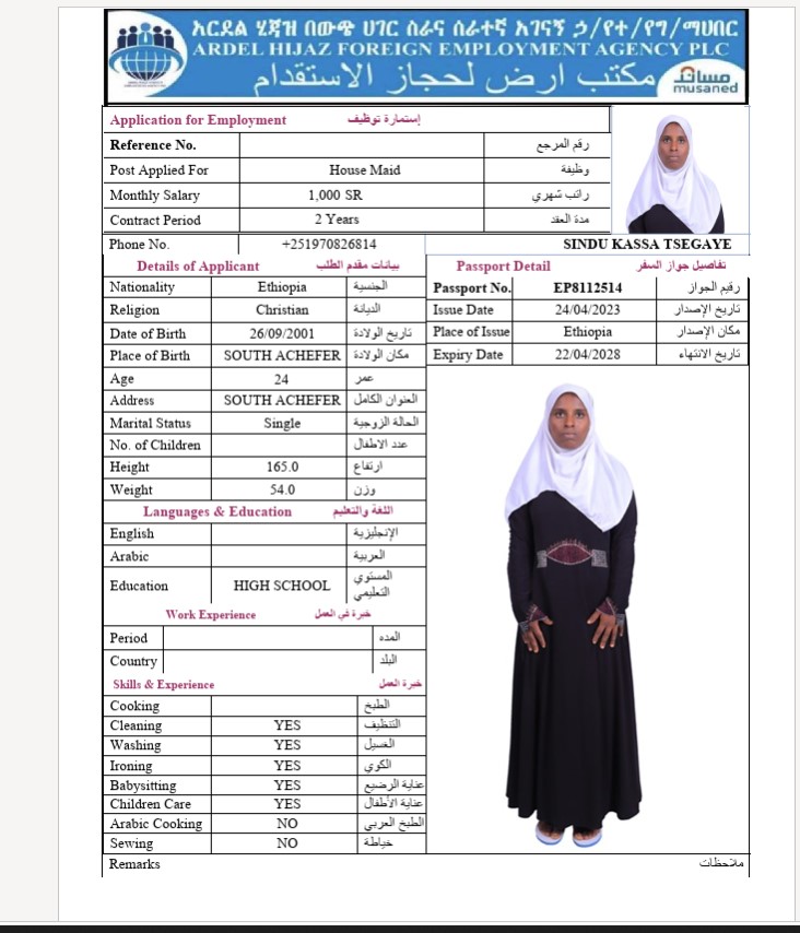 السيرة الذاتية لـ SINDU KASSA TSEGAYE