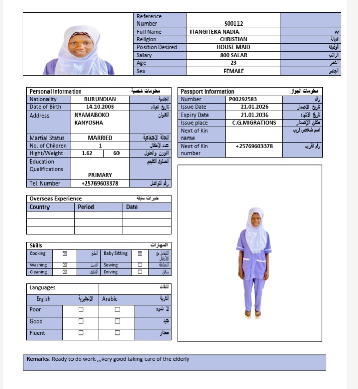 السيرة الذاتية لـ ITANGITEKA NADIA