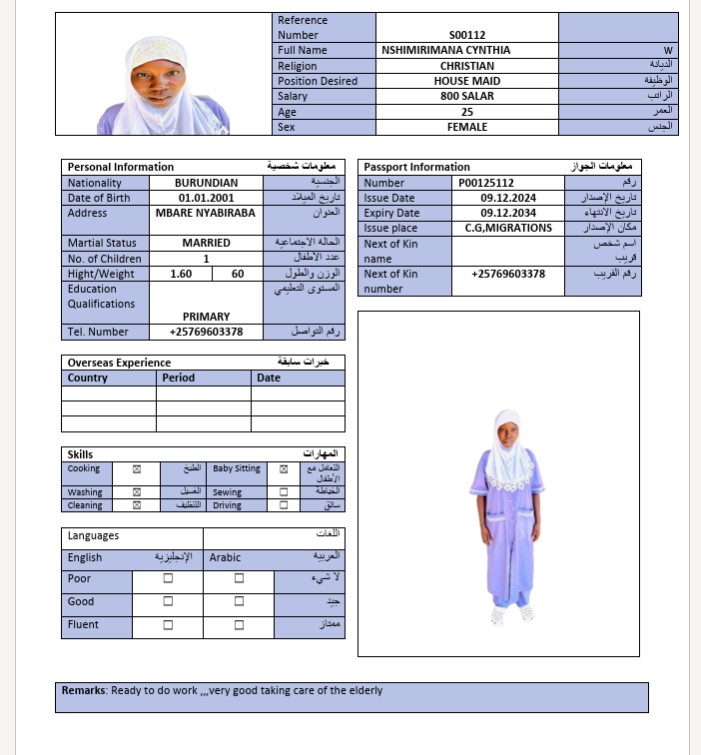 السيرة الذاتية لـ NSHIMIRIMANA CYNTHIA