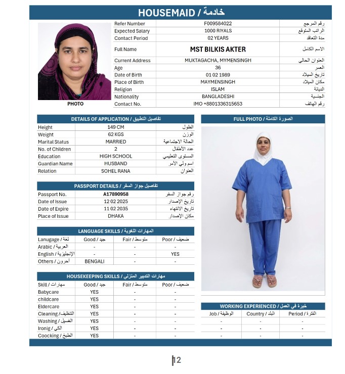 السيرة الذاتية لـ MST BILKIS AKTER