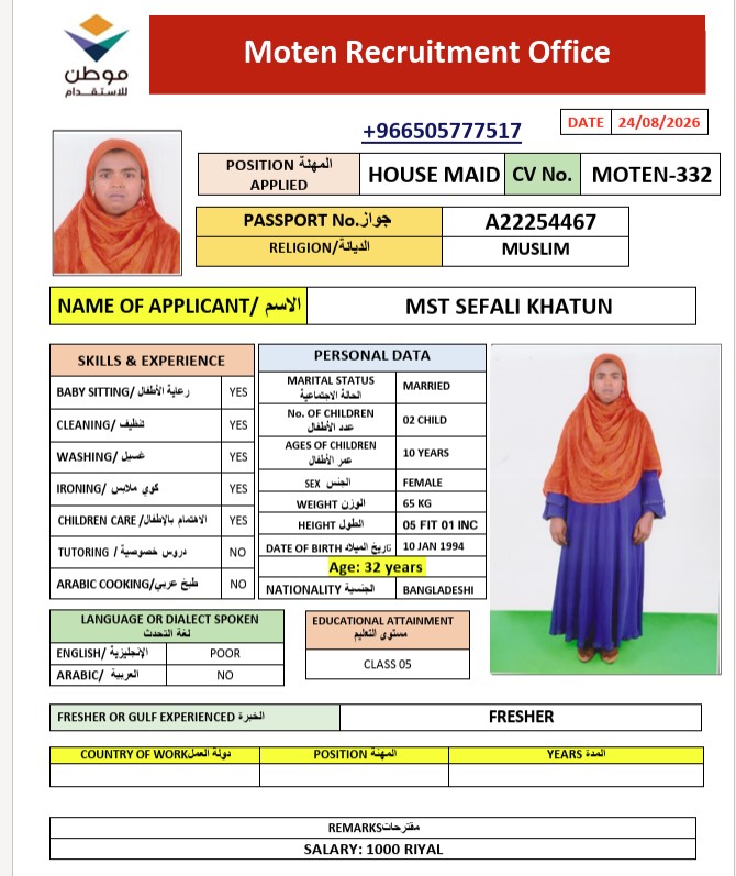 السيرة الذاتية لـ MST SEFALI KHATUN