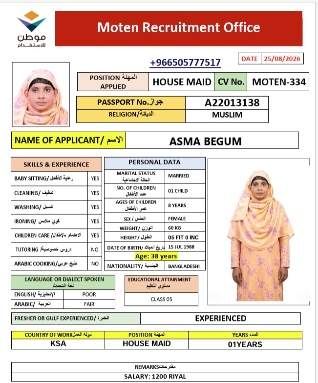 السيرة الذاتية لـ ASMA BEGUM