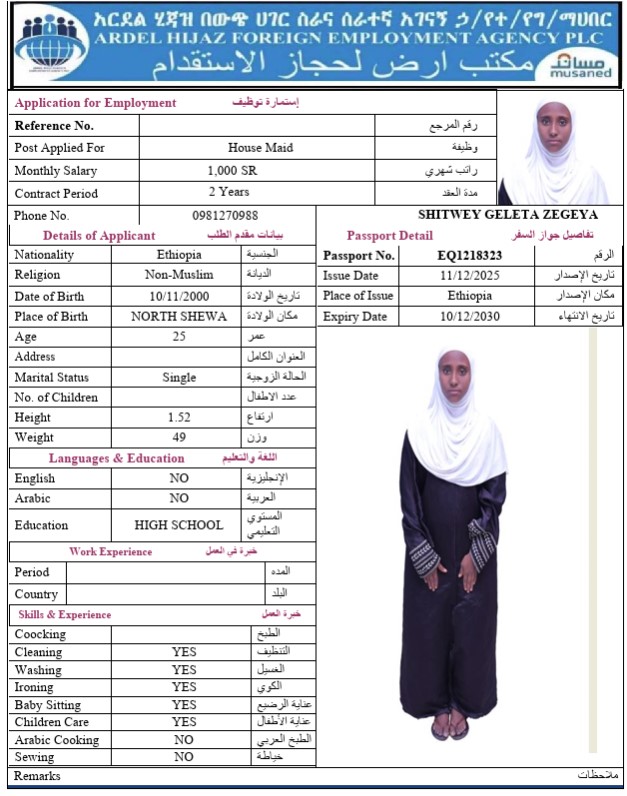 السيرة الذاتية لـ SHITWEY GELETA ZEGEYA