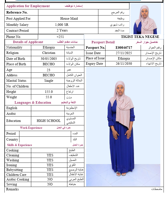 السيرة الذاتية لـ TIGIST TEKA NEGESE