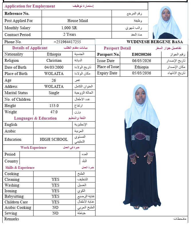 السيرة الذاتية لـ WUDINESH BERGENE BASA