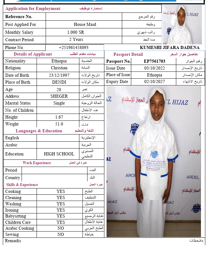 السيرة الذاتية لـ KUMESHI JIFARA DADENA