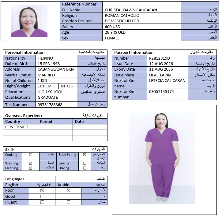 السيرة الذاتية لـ CHRISTAL DAWN CALICARAN