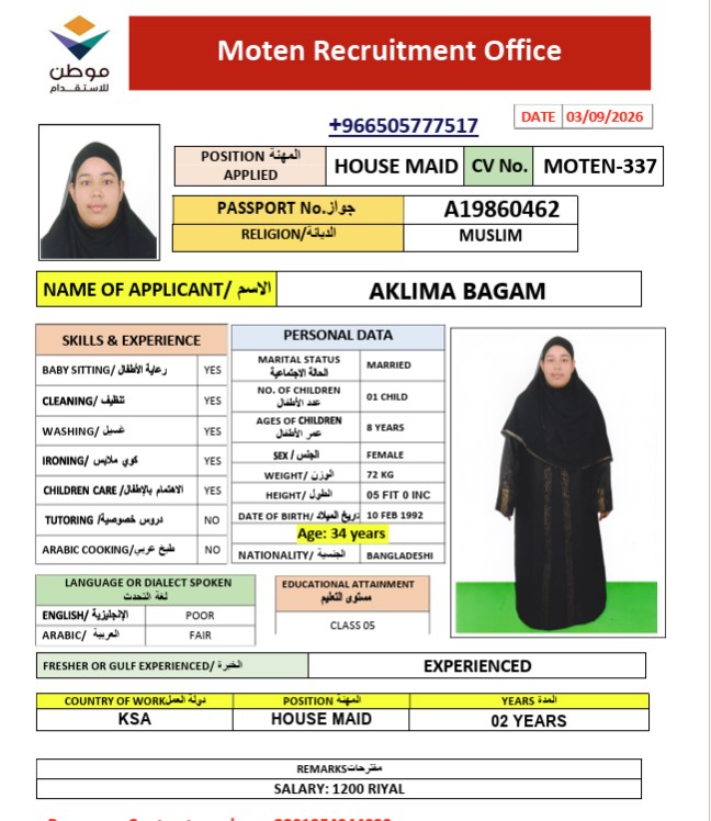 السيرة الذاتية لـ AKLIMA BAGAM