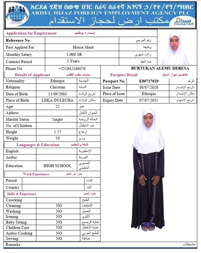 السيرة الذاتية لـ BURTUKAN ALEMU DERESA