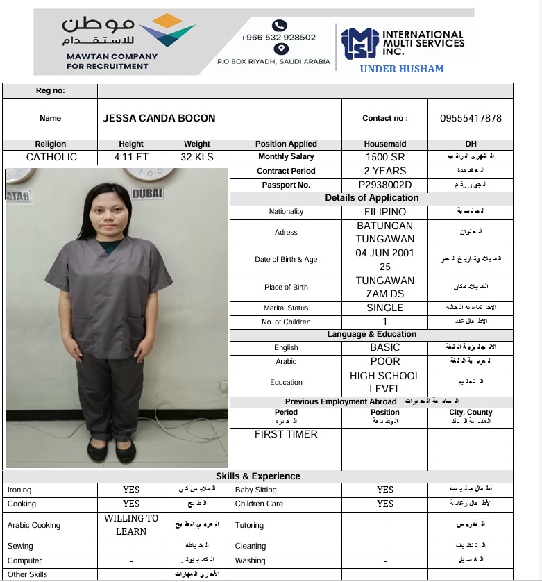 السيرة الذاتية لـ JESSA CANDA BOCON
