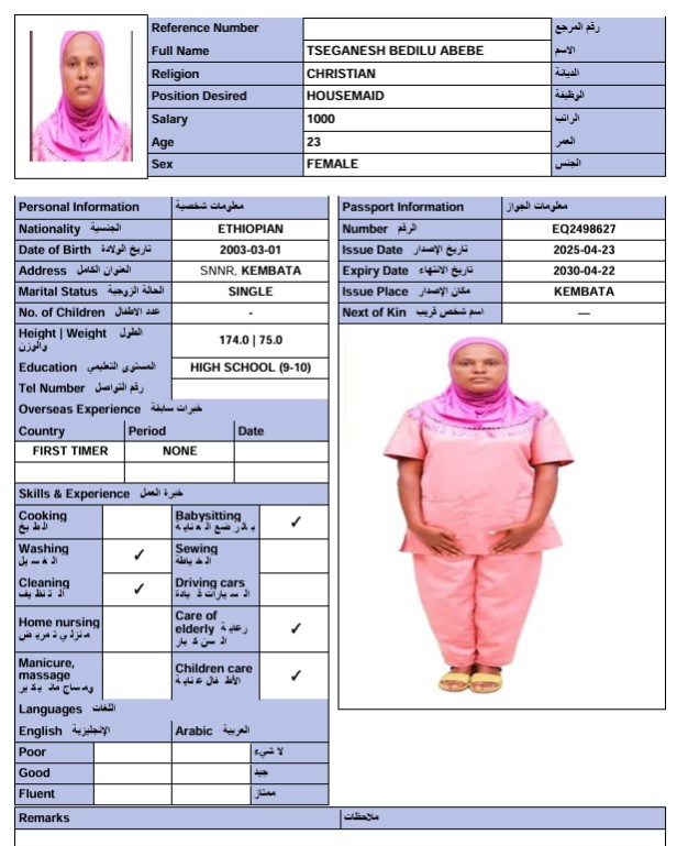 السيرة الذاتية لـ TSEGANESH BEDILU ABEBE
