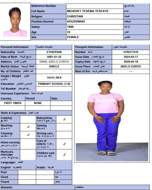 السيرة الذاتية لـ MEHERET TESEMA TESFAYE