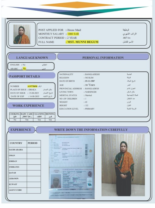 السيرة الذاتية لـ MST. MUNNI BEGUM