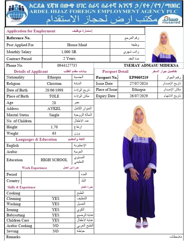 السيرة الذاتية لـ TSEHAY ADMASU MIDEKSA