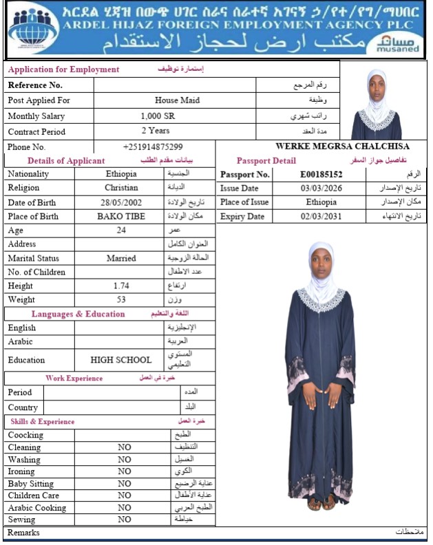 السيرة الذاتية لـ WERKE MEGRSA CHALCHISA