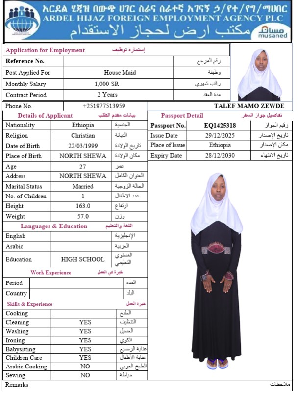 السيرة الذاتية لـ TALEF MAMO ZEWDE