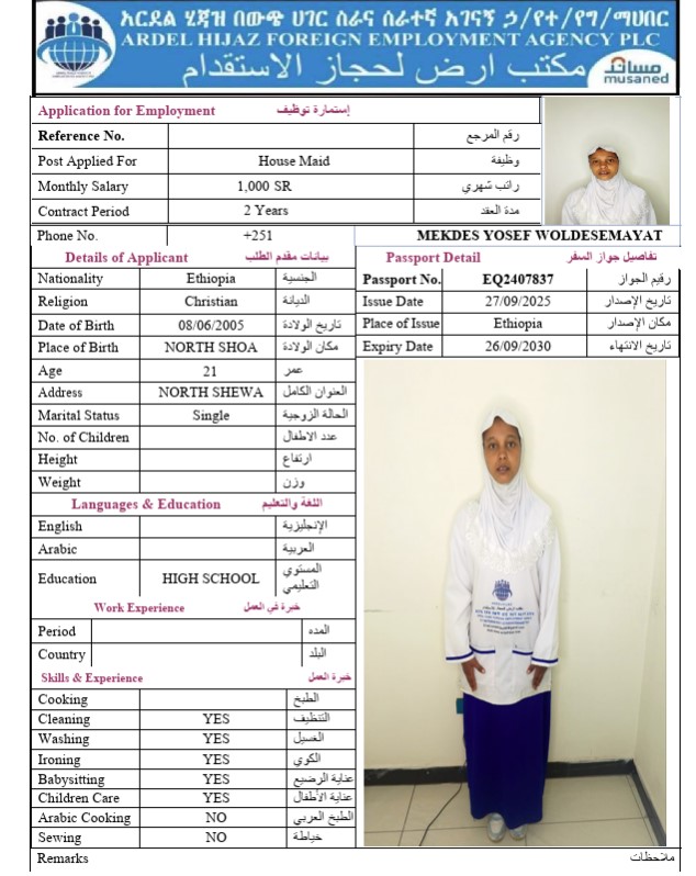 السيرة الذاتية لـ MEKDES YOSEF WOLDESEMAYAT