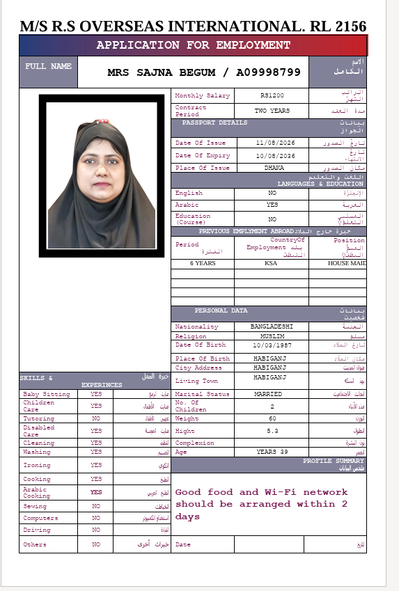 السيرة الذاتية لـ MRS SAJNA BEGUM