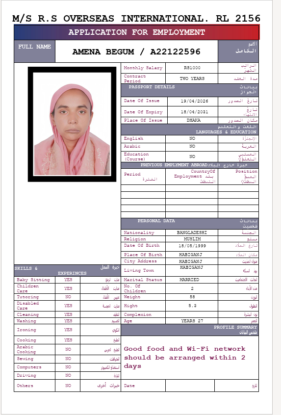 السيرة الذاتية لـ AMENA BEGUM