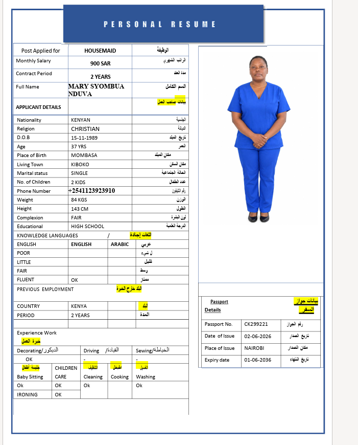 السيرة الذاتية لـ MARY SYOMBUA NDUVA