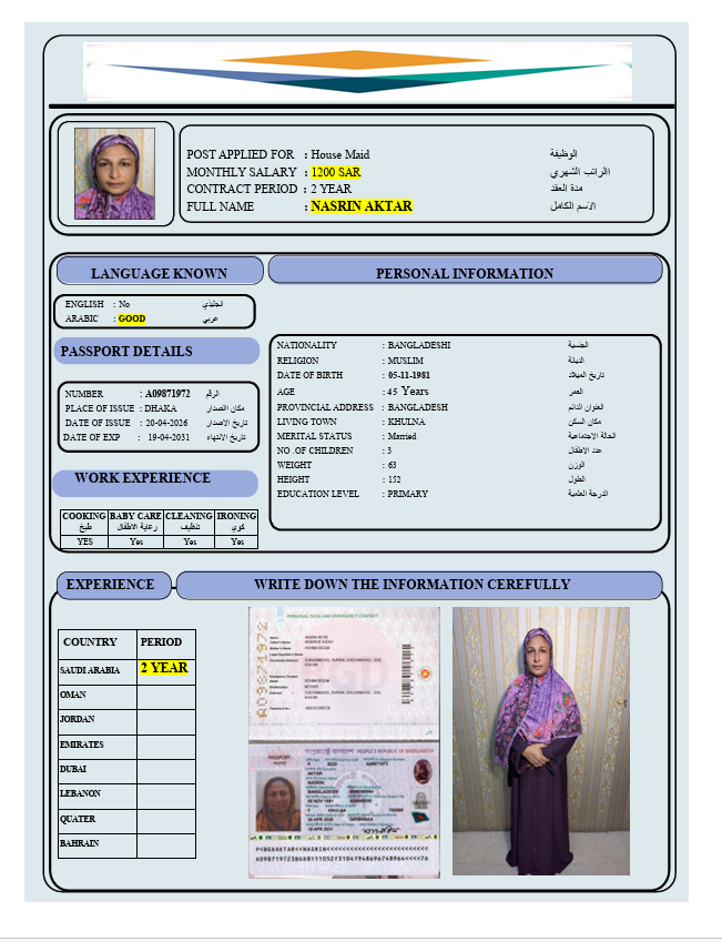 السيرة الذاتية لـ : NASRIN AKTAR