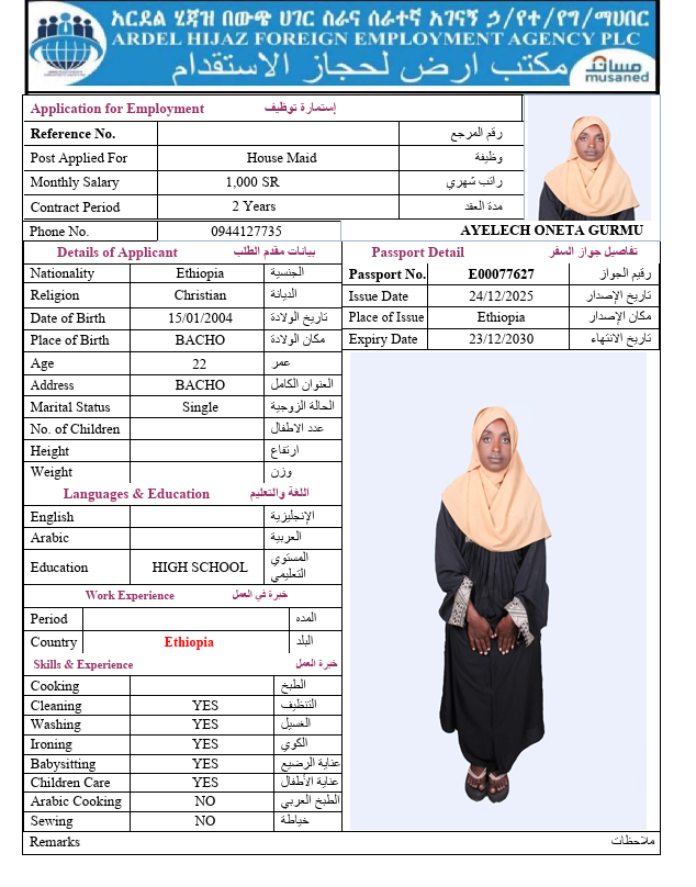 السيرة الذاتية لـ AYELECH ONETA GURMU