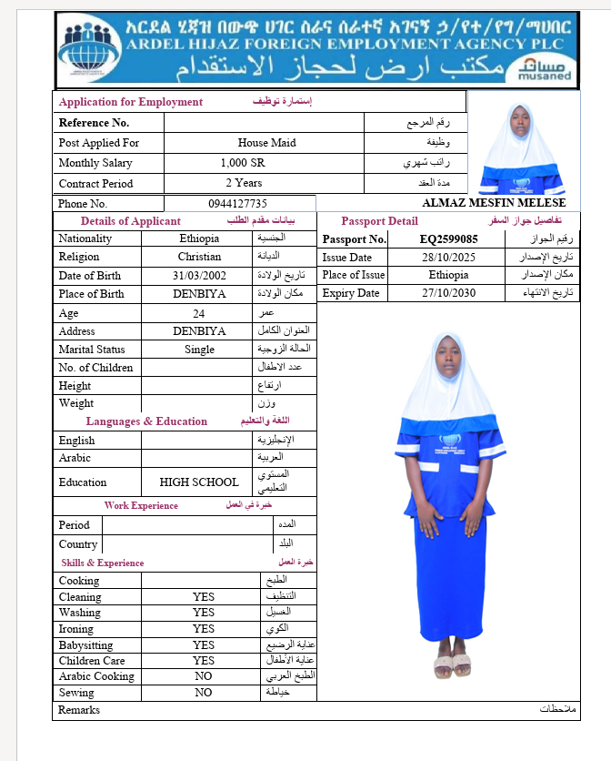 السيرة الذاتية لـ ALMAZ MESFIN MELESE