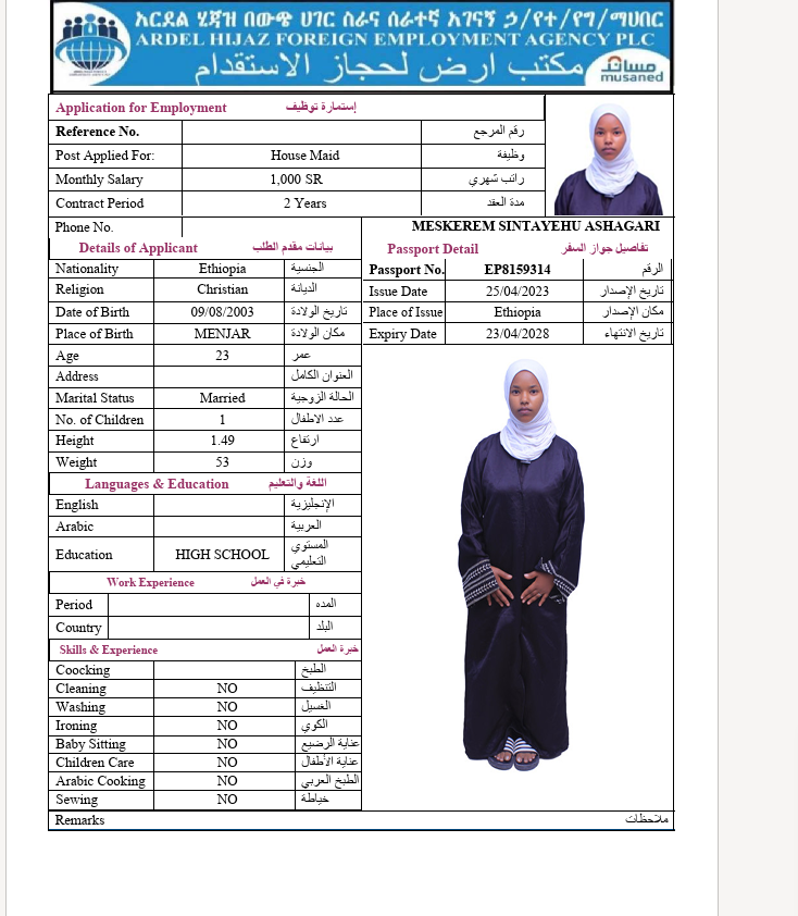 السيرة الذاتية لـ MESKEREM SINTAYEHU ASHAGARI