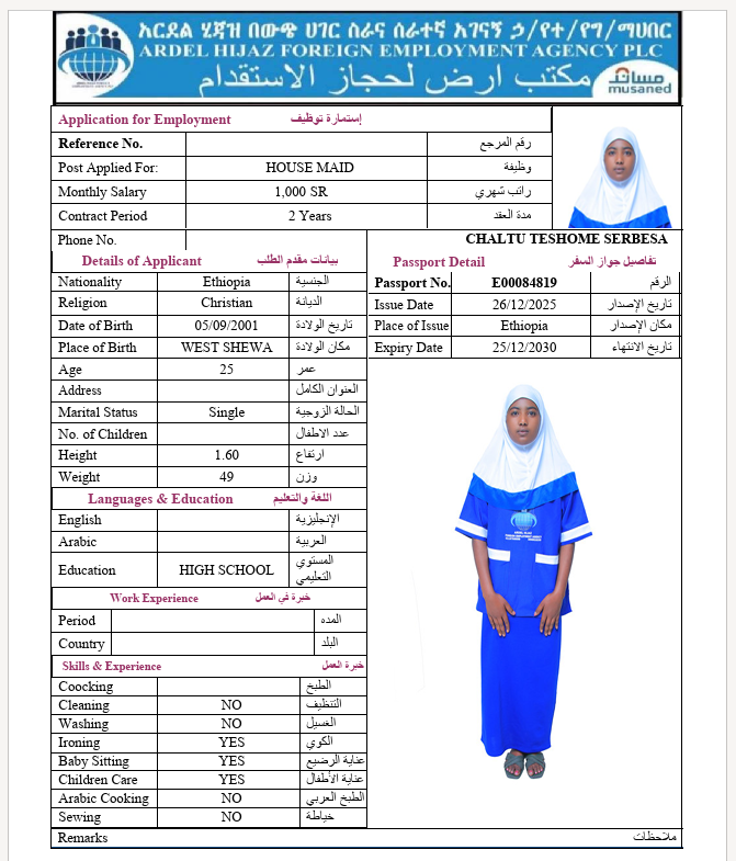 السيرة الذاتية لـ CHALTU TESHOME SERBESA