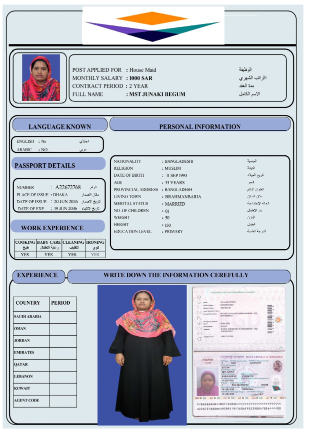 السيرة الذاتية لـ MST JUNAKI BEGUM